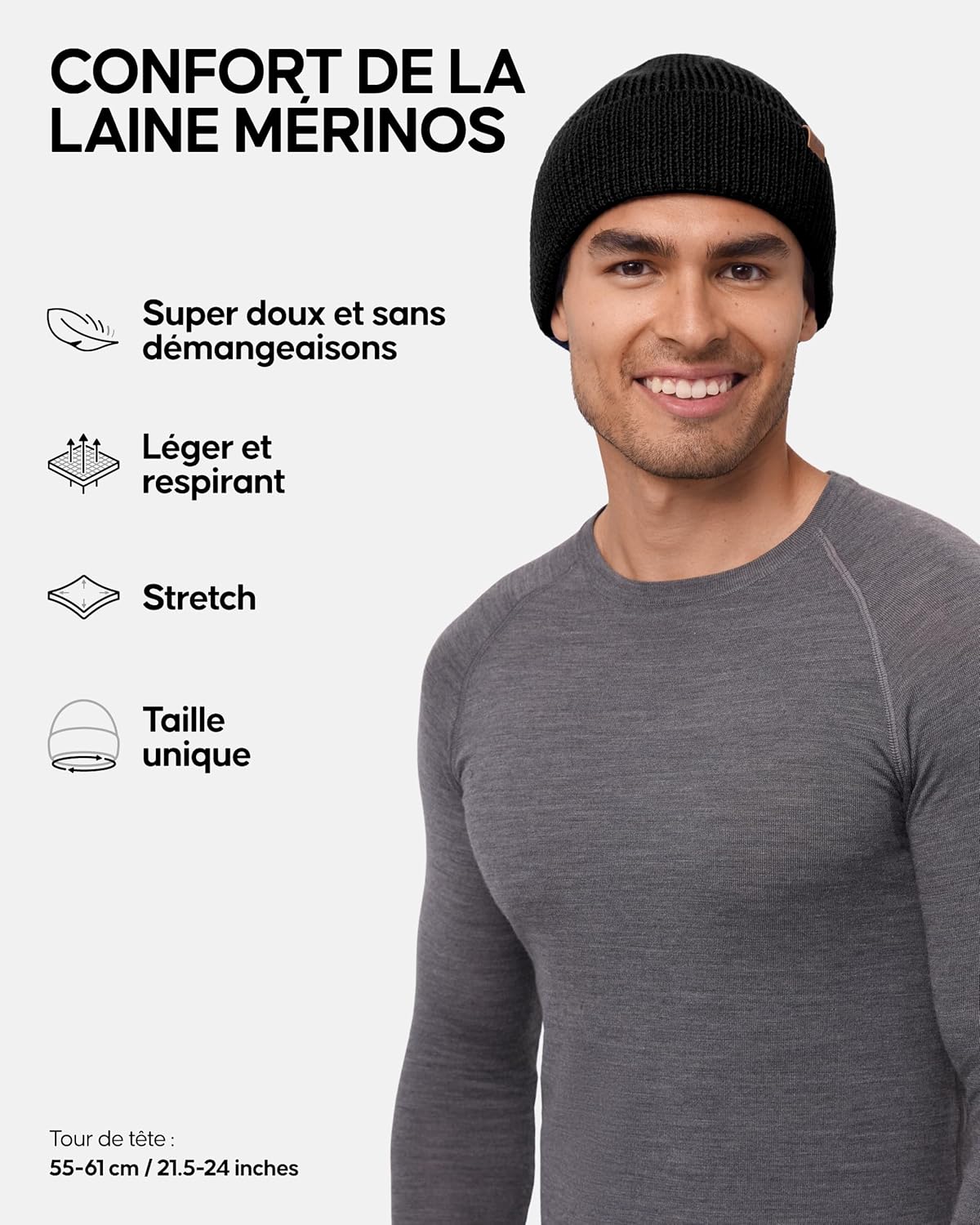 Bonnet en Laine Mérinos, Bonnet Thermique Automne-Hiver, Bonnet de Pêcheur, pour Hommes et Femmes Taille unique Noir
