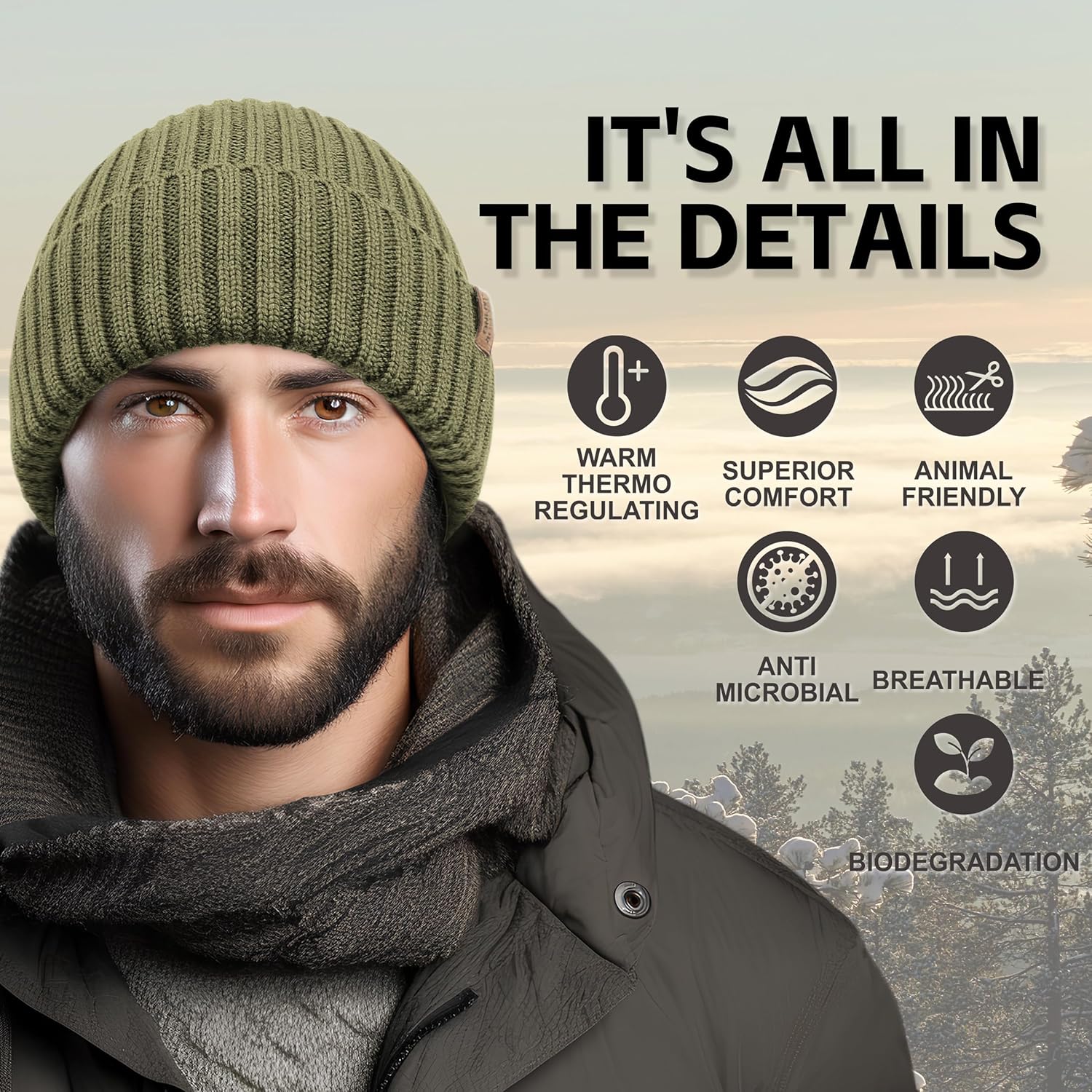 OUTDOOR SHAPING Bonnet en laine mérinos pour homme et femme, unisexe, bonnet tricoté uni à revers quotidien, chapeau d'hiver doux et chaud Taille unique Army Green