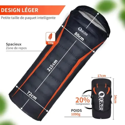 Test QEZER Sac de Couchage Duvet 8°C : léger, chaud, mais pas sans défauts