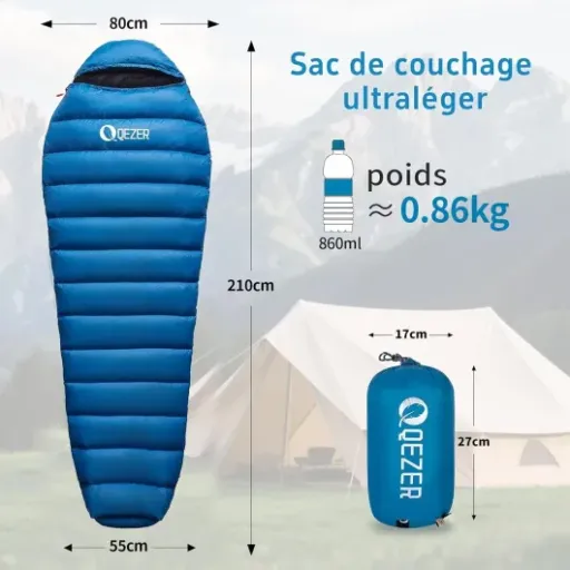 Test QEZER Sac de Couchage Duvet 650FP : léger, chaud… mais pas un -30°C réel