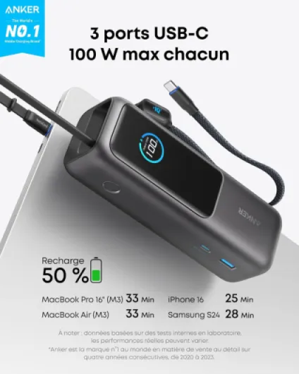 Anker Batterie Externe 25000mAh 165w pour Ordinateurs Portables 3 Ports USB C pour Plusieurs Appareils, Câble Intégré+Câble Rétractable, pour iPhone17 Pro Max/16 15, MacBook, Samsung Black