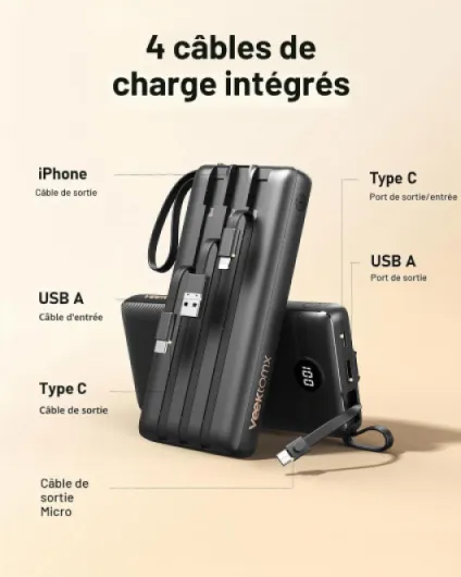 Batterie Externe 20000mAh, VEEKTOMX Power Bank avec Câbles Intégrés Portable Chargeur avec 5 Sorties & 2 Entrées, 4 en 1 Poratble Powerbank pour iPhone/Samsung/Tablettes, Essentiels Voyage, Noir