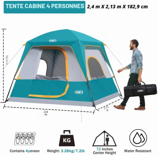 UNP Tente 4-8 Personnes, Facile à Installer, ImperméAble avec Toit Anti-Pluie pour Camping/RandonnéE Et RandonnéE Bleu Océan 240×210×180cm