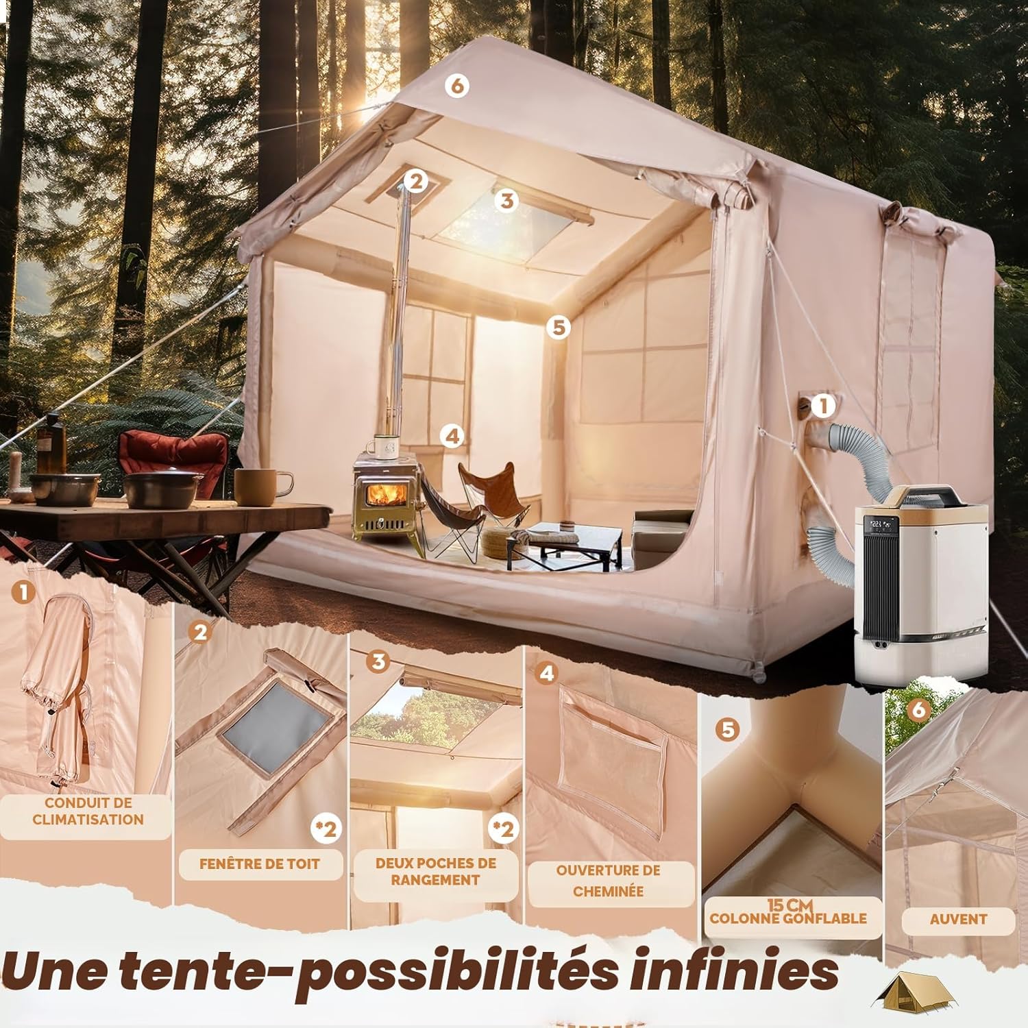 Tente de camping gonflable avec ouverture de cheminée et fenêtre de toit, tente d'extérieur pour 2 à 10 personnes, avec pompe à air, en tissu Oxford imperméable, pour 4 saisons, montage rapide 300 x 250 x 220 cm