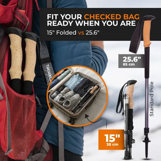 Trek-Z Batons de Trekking Triple Pliable - Bâton de Marche léger en Aluminium Pliable et Ajustable, Cannes de randonnée Pliante, Trekking Senior, Randonnée pédestre, Voyage Sac à Dos Noir V2 115 - 135 cm