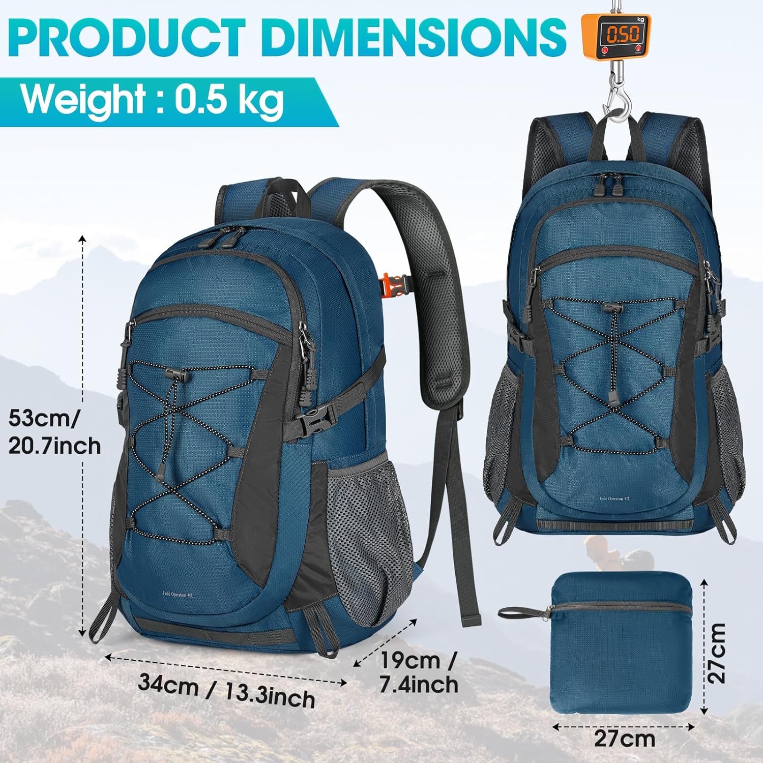 Sac à Dos Randonnée 40L Ultra Léger Pliable Sac à Dos Voyage Homme Femme Imperméable Sac à Dos Trekking Grande Capacité pour Alpinisme Escalade Sport Camping Bleu