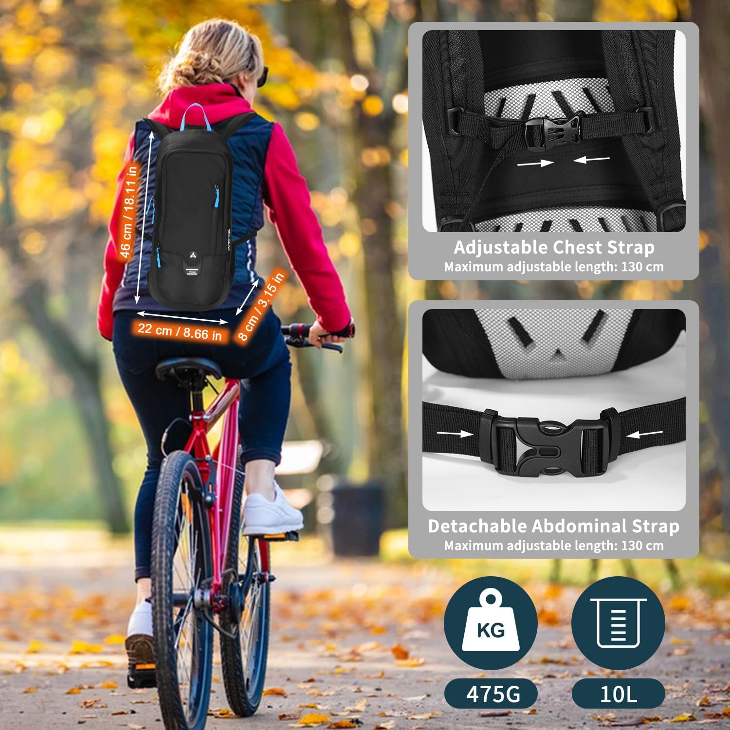 Sac à Dos de vélo 10 l, Ultra léger, Sac à Dos d'hydratation, Sac à Dos de vélo imperméable, Sac à Dos de Ski pour Homme avec Protection Contre la Pluie, Petit Sac à Dos de randonnée pour Femme, pour