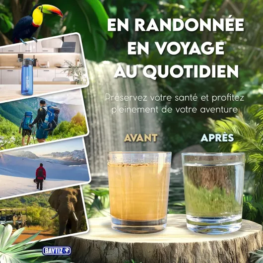 ® Gourde Filtrante + Paille de Survie au Charbon Actif - Bouteille Filtre à Eau Nomade : Voyage Randonnée Trek Camping Kit Purificateur Réutilisable Plastique Sac Pluie Catastrophe Bleue