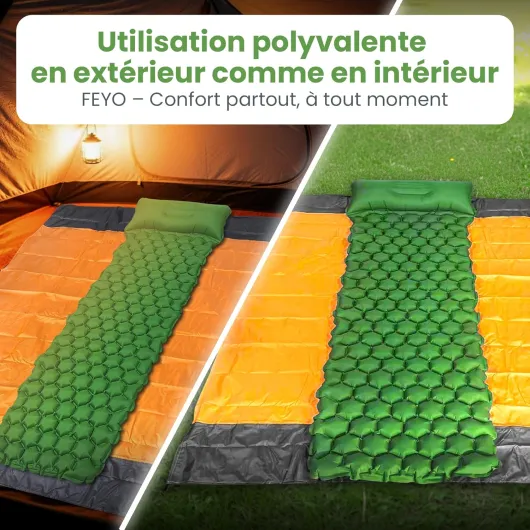Feyo Matelas Camping Gonflable 1 Personne avec Tapis de Sol – Matelas léger et Compact pour Bivouac, Tente ou Voiture – Matelas de Camping 1 Place Confortable avec Oreiller intégré et Double Valve