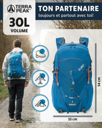 ® Sac à dos de randonnée 30L (FLEX 30) moyen pour femme et homme - Sac a dos de trekking, chasse et voyage (respirant, imperméable) - Sac alpinisme, escalade et de jour (ergonomique) 30 Litres Bleu