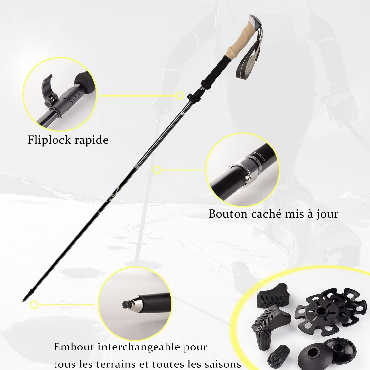Bâtons de Randonnée 2 PCS Bâtons de Marche Telescopique Bâtons Nordique en Aluminium Réglable de 36 à 130 cm Ultraléger Antichoc Antidérapant Canne de Marche,Idéal pour Randonnées,Camping,Ski