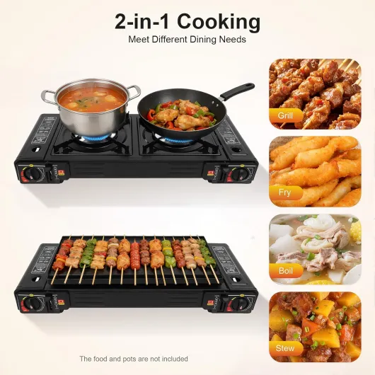 Barbecue à gaz et réchaud à gaz à 2 flammes en acier inoxydable - 2500 W - Réchaud de camping avec plaque de cuisson et boîte de rangement - Soupape de surpression intégrée - Réchaud à gaz de camping