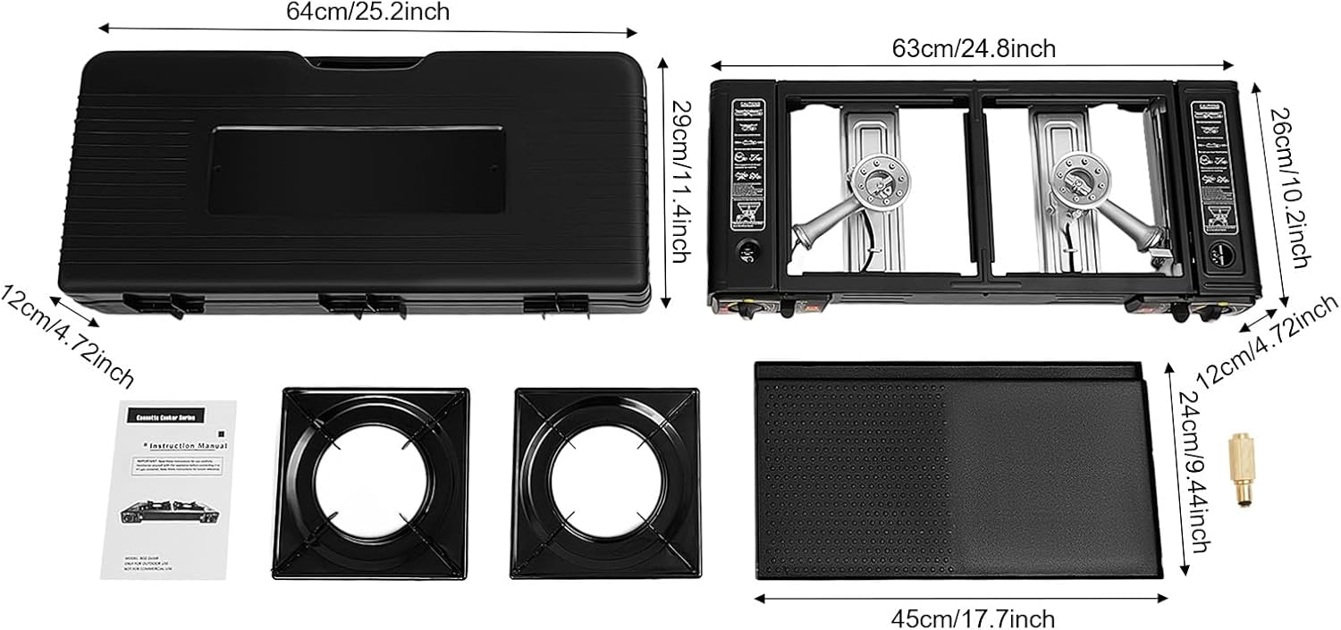 Réchaud Gaz 2 Feux Camping Gaz Portable Réchaud Camping Barbecue Gaz Camping 2500W Plaque Gaz 2 Feux Allumage Piézo Valve Surpression（64 x 27,8 x 8 cm）
