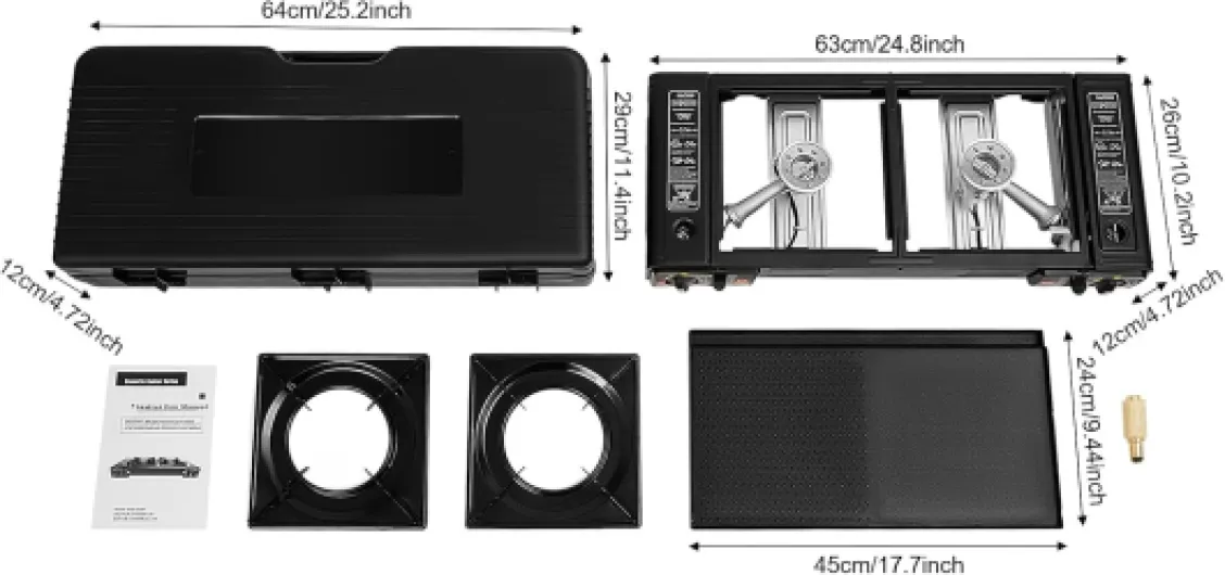 Réchaud Gaz 2 Feux Camping Gaz Portable Réchaud Camping Barbecue Gaz Camping 2500W Plaque Gaz 2 Feux Allumage Piézo Valve Surpression（64 x 27,8 x 8 cm）