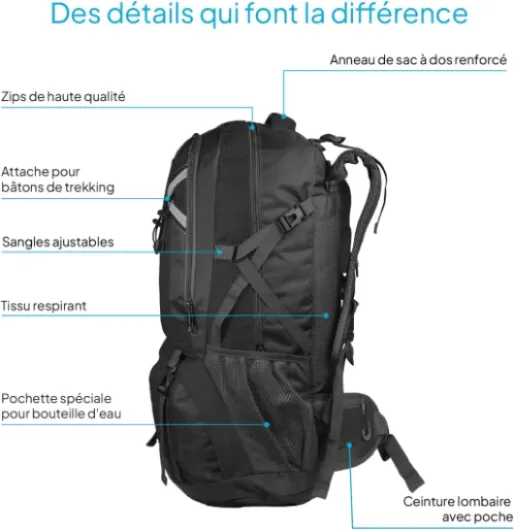 Sac a Dos Randonnee 60L Noir, Sac Randonnée, Voyage Imperméable Léger, Sac de Voyage Cabine Pliable, Sac a Dos Homme Montagne Trekking, Kit Survie Guerre