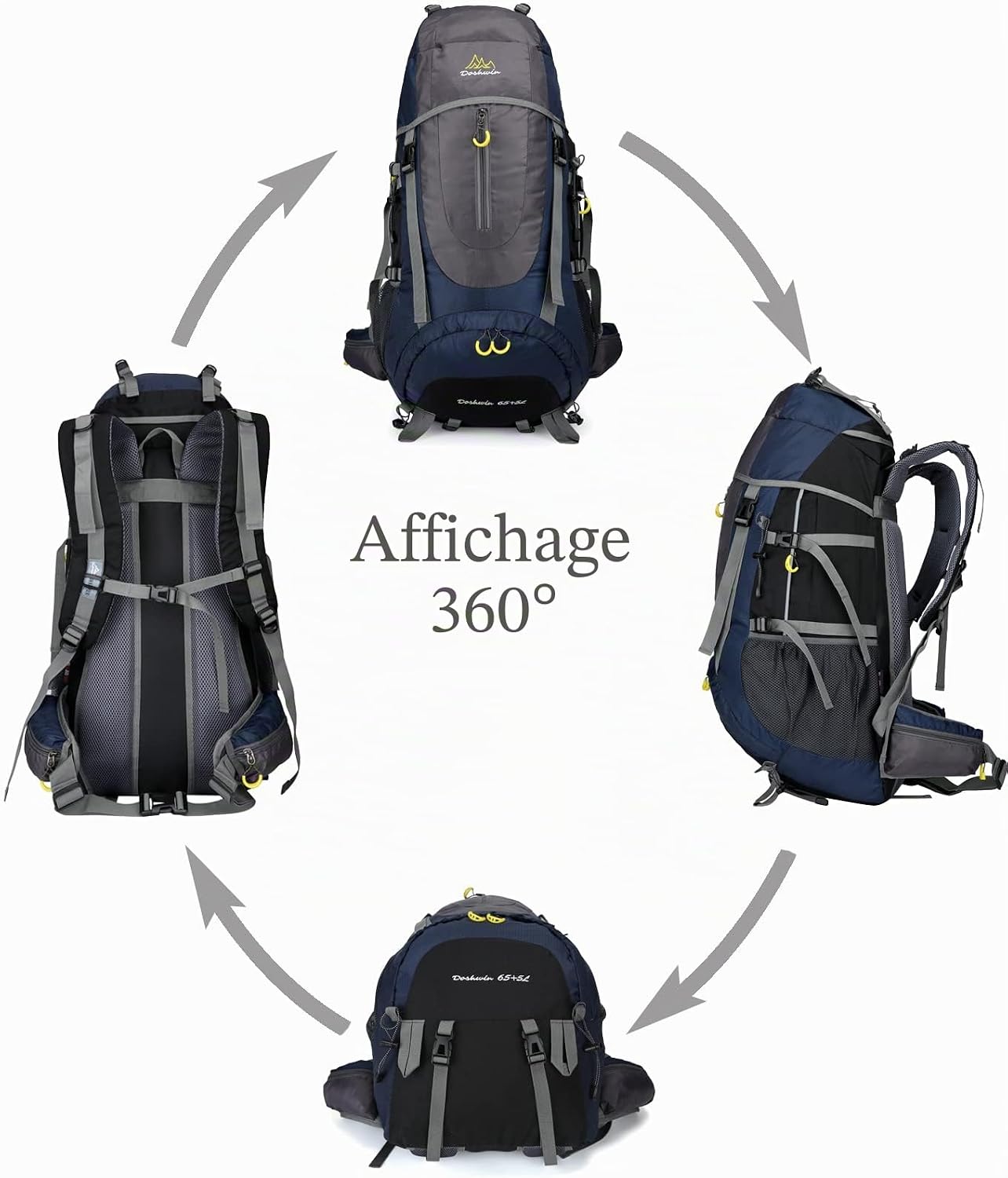 70L Sac à Dos Trekking Camping Voyage Randonnée Grand pour Homme Femme XL Bleu Foncé