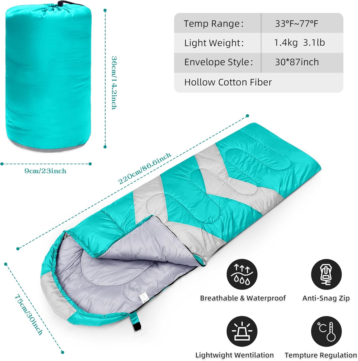 Sacs de Couchage pour Adultes Enfant 3-4 Saisons, Imperméable Enveloppants Sacs de Couchage de Damping pour Camping Léger, Randonnée, Compact Sleeping Bag,Orange Bleu Lac
