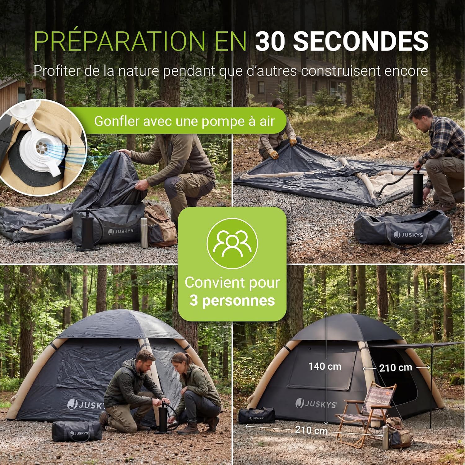 ® Tente Gonflable EasyFlow M/L - Imperméable 4000 mm Colonne d'eau, Protection UV FPS 50, avec Lampe LED et Accessoires Pratiques M - 210x210x140 cm