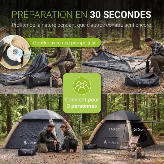 ® Tente Gonflable EasyFlow M/L - Imperméable 4000 mm Colonne d'eau, Protection UV FPS 50, avec Lampe LED et Accessoires Pratiques M - 210x210x140 cm