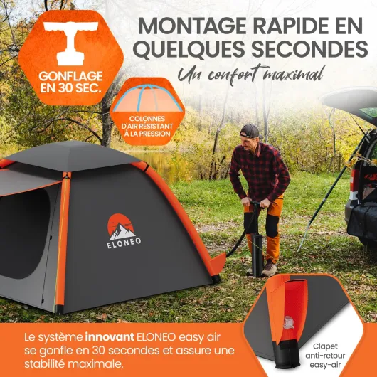 ELONEO Tente Gonflable avec auvent & Pompe à air, Tente à air Ultra-légère, Glamping avec lumière LED Offerte 1 à 3 personnes