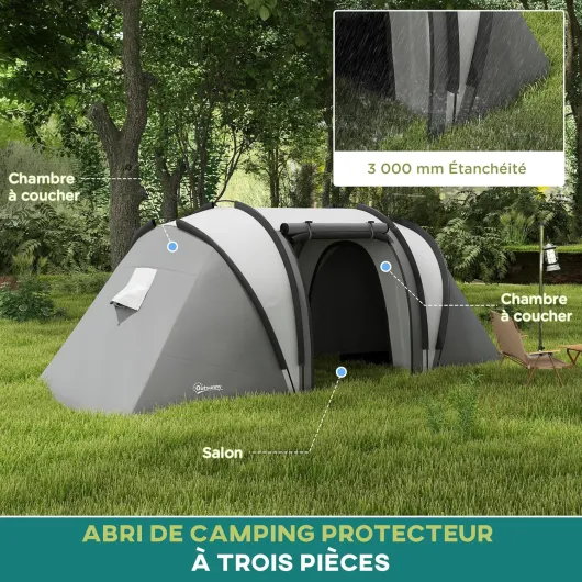 Tente de Camping familiale 4-5 Personnes avec 2 Chambres, 3000 mm imperméable et ventilée, Installation Facile, Tente de randonnée avec 3 Portes et fenêtres et Sac de Transport Gris